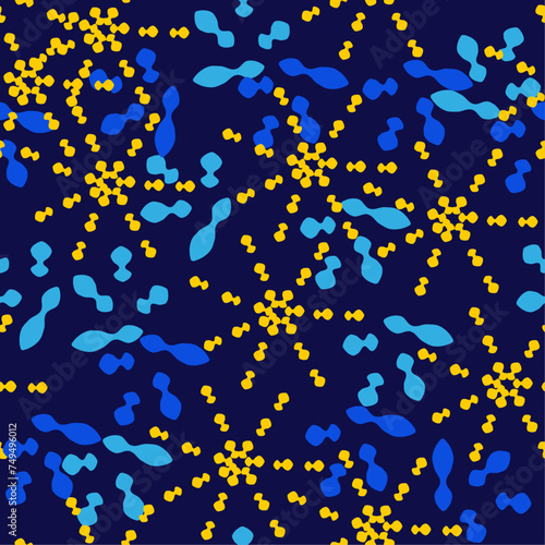 pattern with abstract patterns - with yellow, light blue and dark blue "spots" (elements) on a dark background. vector graphics for fabric, background, wrapping