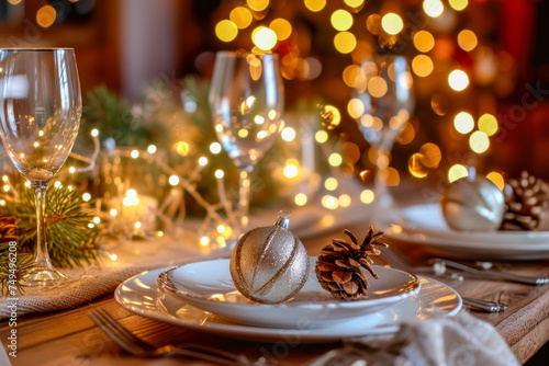 Festive Holiday Table Setting with Sparkling Lights and Elegant Dinnerware