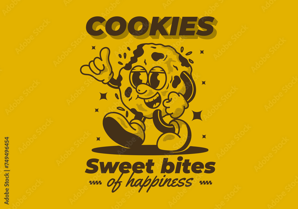 Sweet bites of happiness. Mascot character of a walking cookies in retro style Sweet bites of happiness. Mascot character of a walking cookies in retro style