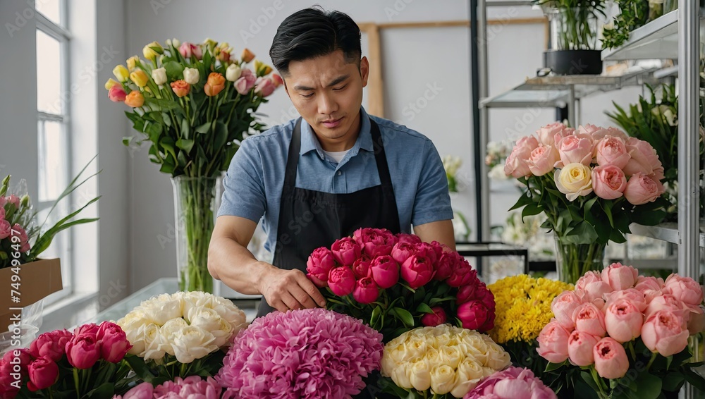 Asian man florist collects a bouquet of pions- fresh cut flowers in boxes and vases in flower shop and racks for sale, delivery for the holiday. Spring, March 8, women's Day, birthday