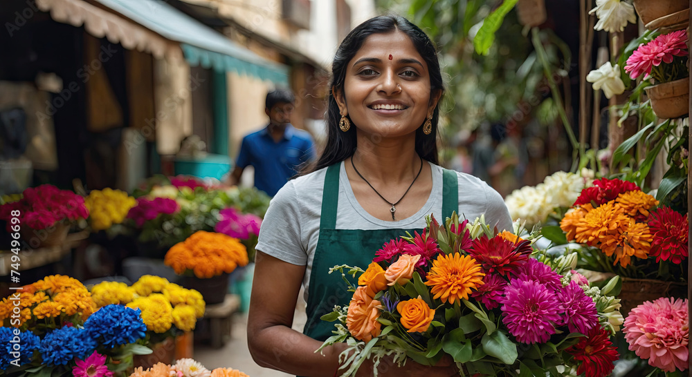 Indian woman florist collects bouquet of spring flower- fresh cut flowers in vases in warehouse and racks for sale, delivery for holiday. Spring, March 8, women's Day, birthday. 