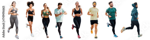 Fitness people are athletic men and women full-length runners, running. Transparent isolated background.