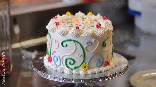 A birthday cake with a decorative border