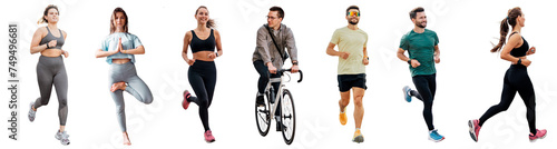Collage fitness people sports full-length runners, running, yoga, cyclist. Transparent isolated background.