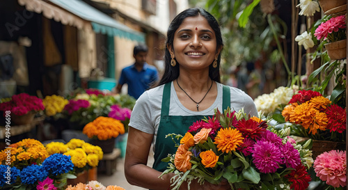 Indian woman florist collects bouquet of spring flower- fresh cut flowers in vases in warehouse and racks for sale, delivery for holiday. Spring, March 8, women's Day, birthday.  © Ольга Симонова