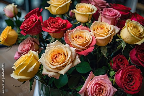 Multicolored roses in a flower shop - fresh supply of cut flowers for spring holidays  floral shop. AI generated