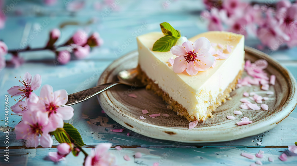 Cheesecake in a heart shape, spring background Cheesecake in a heart shape, spring background