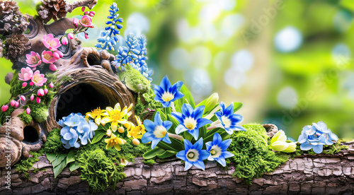 Beautiful spring background with wild flowers and tree trunk photo