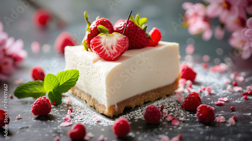 Cheesecake in a heart shape, spring background
