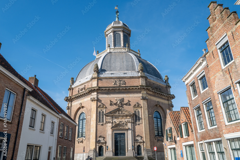 Street to the Oostkerk octagonal domed church in Middelburg Netherlands