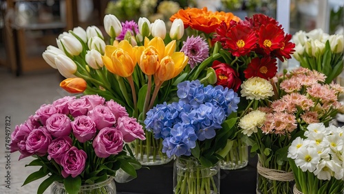 Multicolored spring flowers in a flower shop - fresh supply of cut flowers for spring holidays. Tulips  roses  peonies  crocuses  chrysanthemums  hydrangeas  hyacinth  eustoma. AI generated