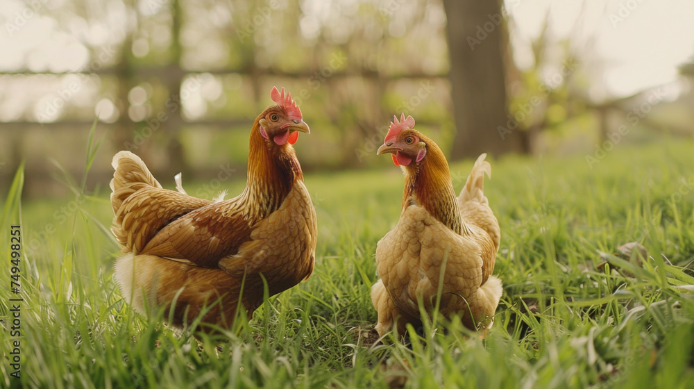 brown hens pecking around in lush green grass, with farm background