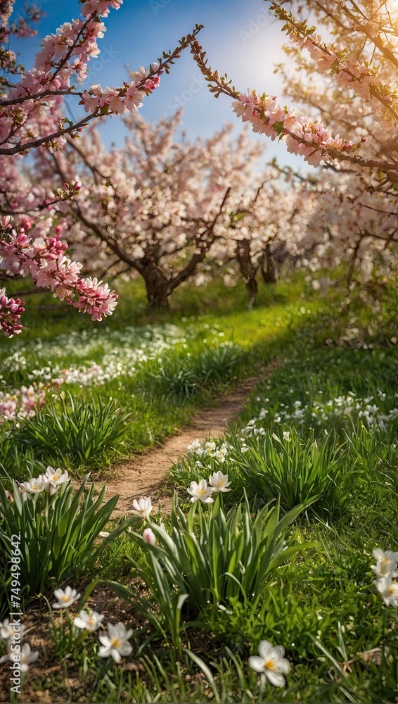 Blooming spring background - apple trees in the garden in flowers, the first spring flowers, nature blooms. Blooming spring background - apple trees in the garden in flowers, the first spring flowers, nature blooms.