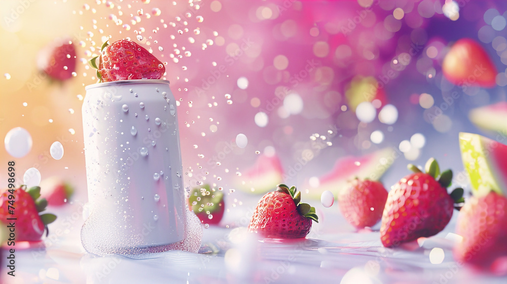 Plain can, floating, tilted up slightly, facing camera, strawberries and watermelon wedges scattered in the air in the background, all hovering in an abstract vibrant space Plain can, floating, tilted up slightly, facing camera, strawberries and watermelon wedges scattered in the air in the background, all hovering in an abstract vibrant space