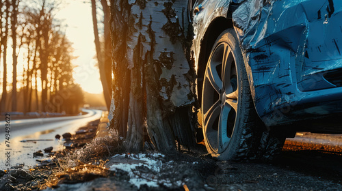 A car accident. Car hitting a tree on the side of the road, asymmetrical composition, ground level angle.