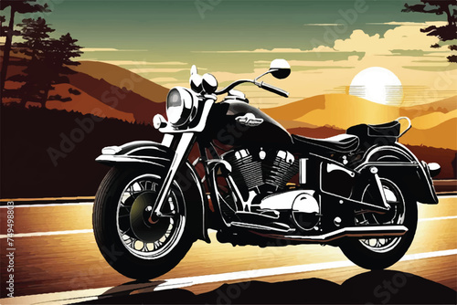Vintage classic motorbike on highway illustration. Retro style motorbike illustration. illustration of classic motorcycle. Vintage motorcycle. Classic Motor bike on highway road. Vintage motorcycle.