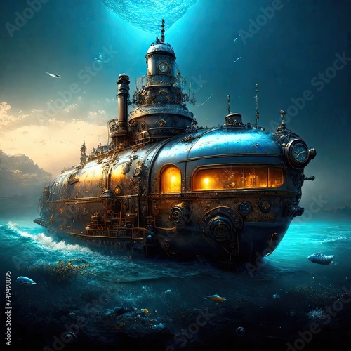 steampunk submarine submerged in the ocean