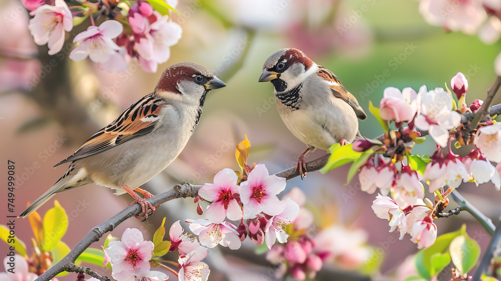 Sparrows find refuge among the blossoming flowers on a tree branch, in a tranquil spring garden. Sparrows find refuge among the blossoming flowers on a tree branch, in a tranquil spring garden.