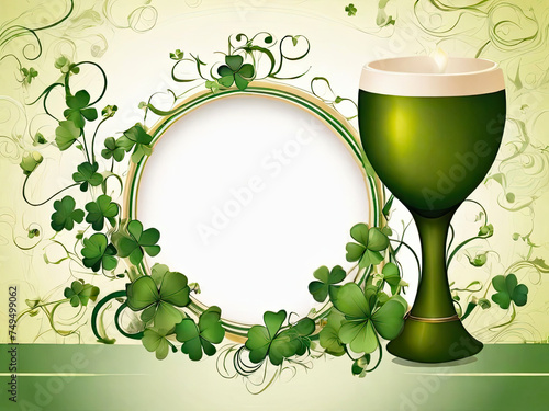 St. Patrick's Day holiday invitation with a place for text in a frame, a postcard with a green four-leaf clover. 