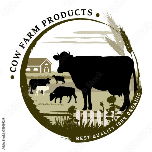Round frame with cow farm objects silhouettes and text for product labels. Vector illustration. 