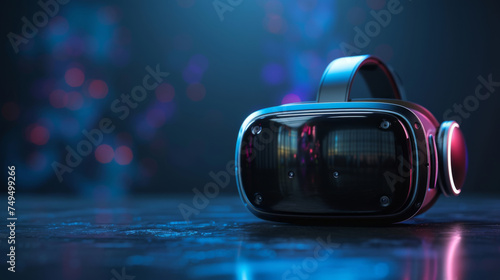 VR virtual reality headset isolated on dark background. Neon colors. Close-up concept product shot