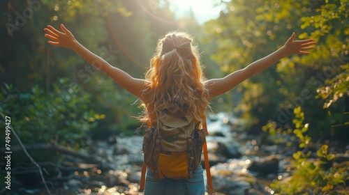 Young woman enjoying the fresh air in green forest with arms raised.