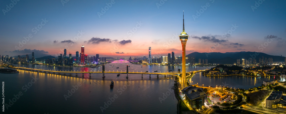 Naklejka premium Macau Tower and Sai Van Bridge at Night