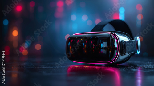 VR virtual reality headset isolated on dark background. Neon colors. Close-up concept product shot