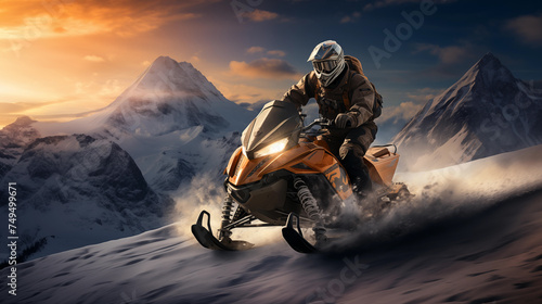 Young man riding a snowmobile in the winter mountains