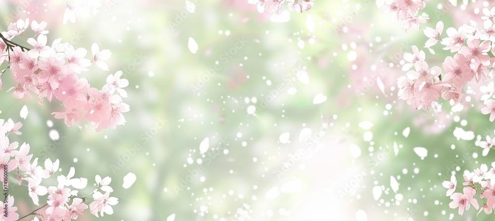 Cherry blossoms in pink and mint green mist, creating serene and peaceful natural scene. Cherry blossoms in pink and mint green mist, creating serene and peaceful natural scene.