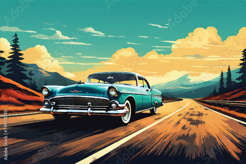 Classic vintage car on highway illustration. Beautiful retro car driving along the highway. Summer road trip adventure  vintage car driving along a scenic coastal highway. Beautiful Vintage car.