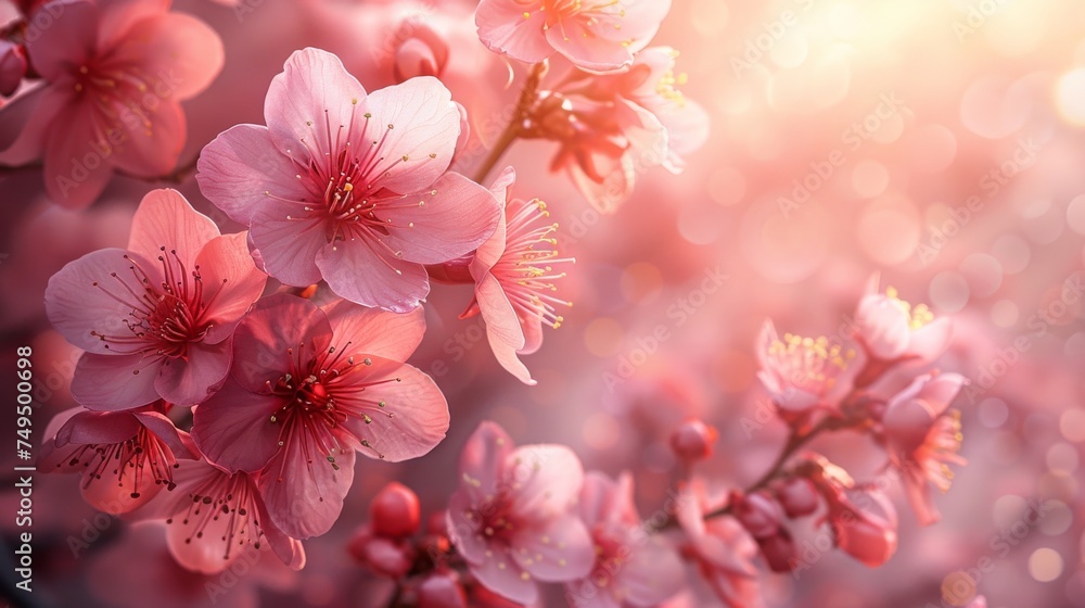 In the spring, a beautiful flowering cherry, or Sakura, is seen against a background filled with blossoms.