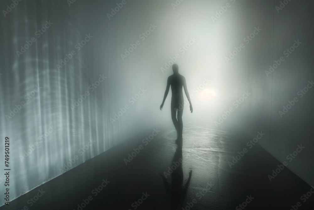 Into the Abyss: Lone Figure Walking Towards a Light in a Fog-Enshrouded Room