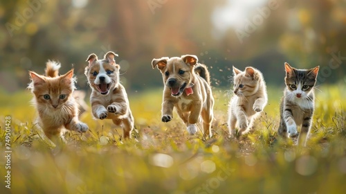 Cute funny dog and cat group jumps and running and happily a field blurred background.
