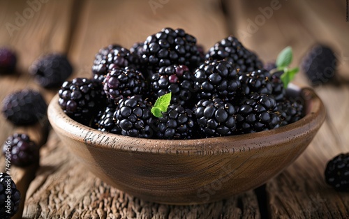 Blackberries in a bowl on a wooden table top view. Blackberry harvest. Fresh and ripe blackberries freshly picked