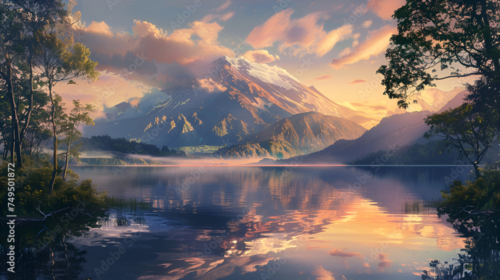 At dawn, a majestic volcanic mountain casts its reflection in the serene waters of a tranquil lake, illuminated by the soft morning light, creating a breathtaking natural spectacle