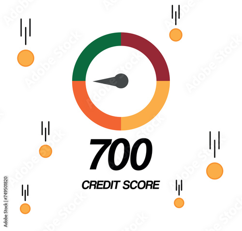 700 Credit score. Personal score meter, credit level, mortgage and loan. Financial vector with falling coins
