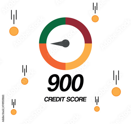 900 Credit score. Personal score meter, credit level, mortgage and loan. Financial vector with falling coins