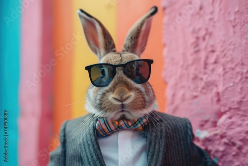 Cool Easter bunny with sunglasses in a suit. Colorful background.