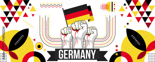 Germany national or independence day banner for country celebration. Flag of Germany with raised fists. Modern retro design with typorgaphy abstract geometric icons. Vector illustration	 photo