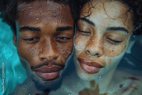 African American young couple in love swim in tropical sea