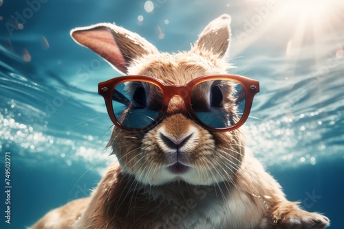 Cool Easter bunny with sunglasses under water.