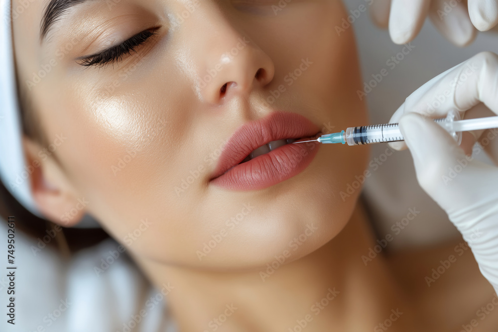 close-up of a woman undergoing a cosmetic procedure, with a syringe applying filler to her lips, emphasizing beauty enhancement. close-up of a woman undergoing a cosmetic procedure, with a syringe applying filler to her lips, emphasizing beauty enhancement.