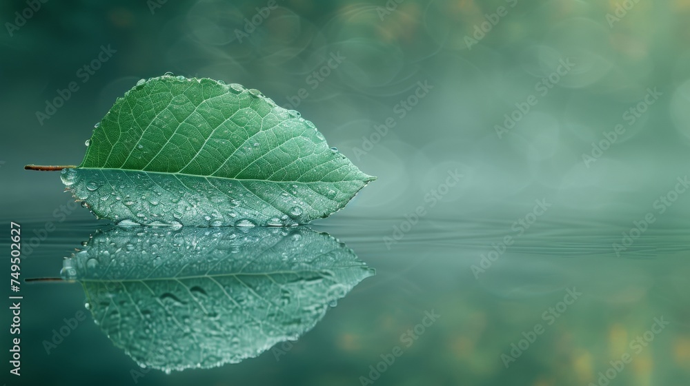 An abstract poetic image of ship in water on a green background, with a white transparent leaf on a mirror surface. This image is part of a template border in a dreamy, dreamy style. - obrazy, fototapety, plakaty 