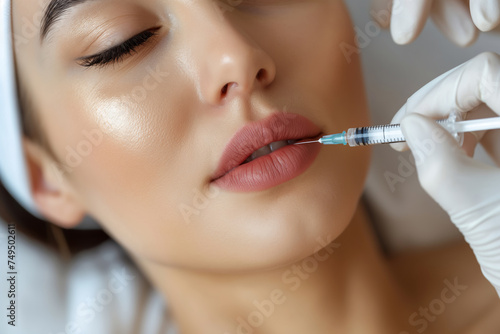 close-up of a woman undergoing a cosmetic procedure, with a syringe applying filler to her lips, emphasizing beauty enhancement.