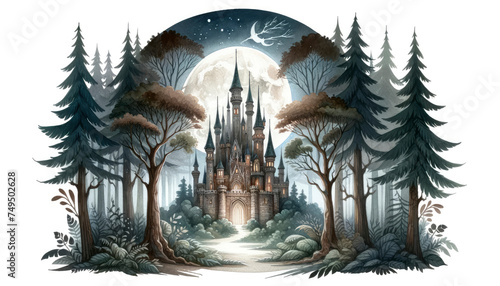 Magical illustration of a grand fairytale castle nestled in a moonlit, mystical forest under a starry night sky. generative ai © MINA