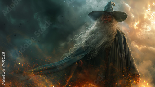 Old wizard with fantasy background photo