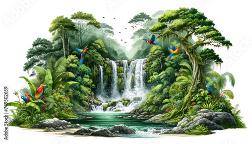 Vivid illustration of a tropical rainforest with a cascading waterfall and vibrant parrots flying amidst lush greenery. generative ai