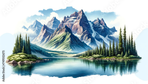 A tranquil illustration of a serene mountain lake, with lush pines reflecting on the water against a backdrop of majestic peaks. generative ai