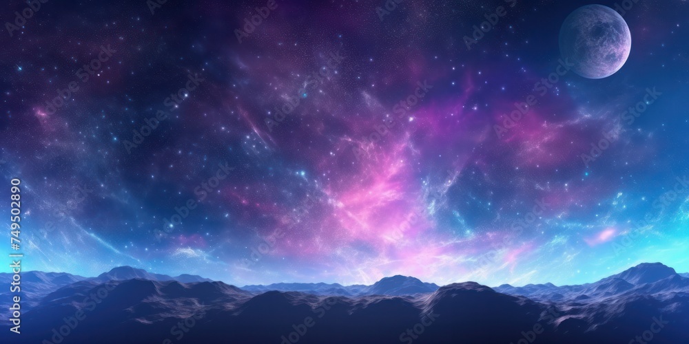 Surface planet space purple dark blue star nebula mountains atmosphere galaxy.